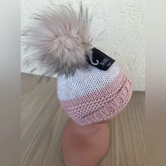 BA-BO Pink and White Knit Hat with Pom-Pom - Picture 4 of 7